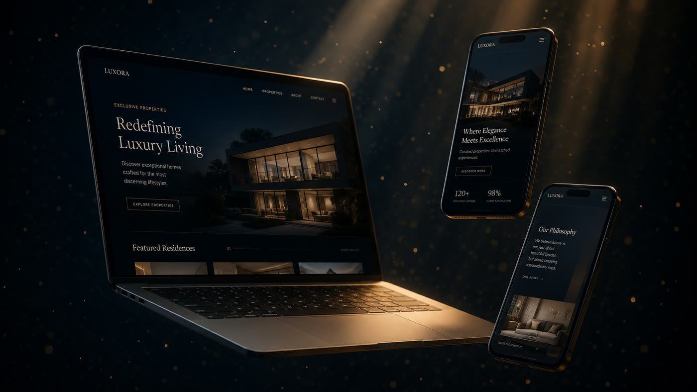 Cinematic still from the Bldscale studio reel — laptop and phones glowing gold on navy